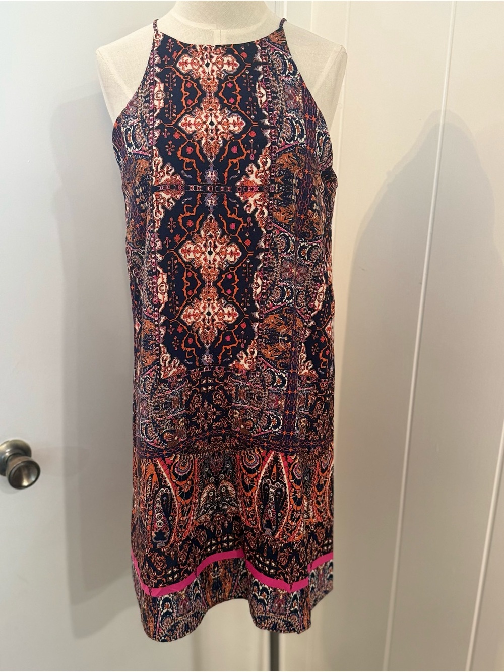 Tyche Navy Paisley Halter Dress with Coral and Pink Accents Size S NWT